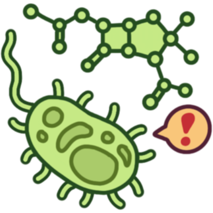 the molecular symbol for penicillin, done in green. Next to it is a bacteria with a red exclamation point next to it.
